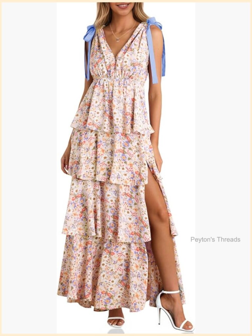Sleeveless V-Neck Maxi Dress with Tie Straps and High Slit, Tiered Ruffle Boho